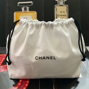 CHANEL white cotton canvas drawstring pouch cosmetic storage bag  100% Authentic